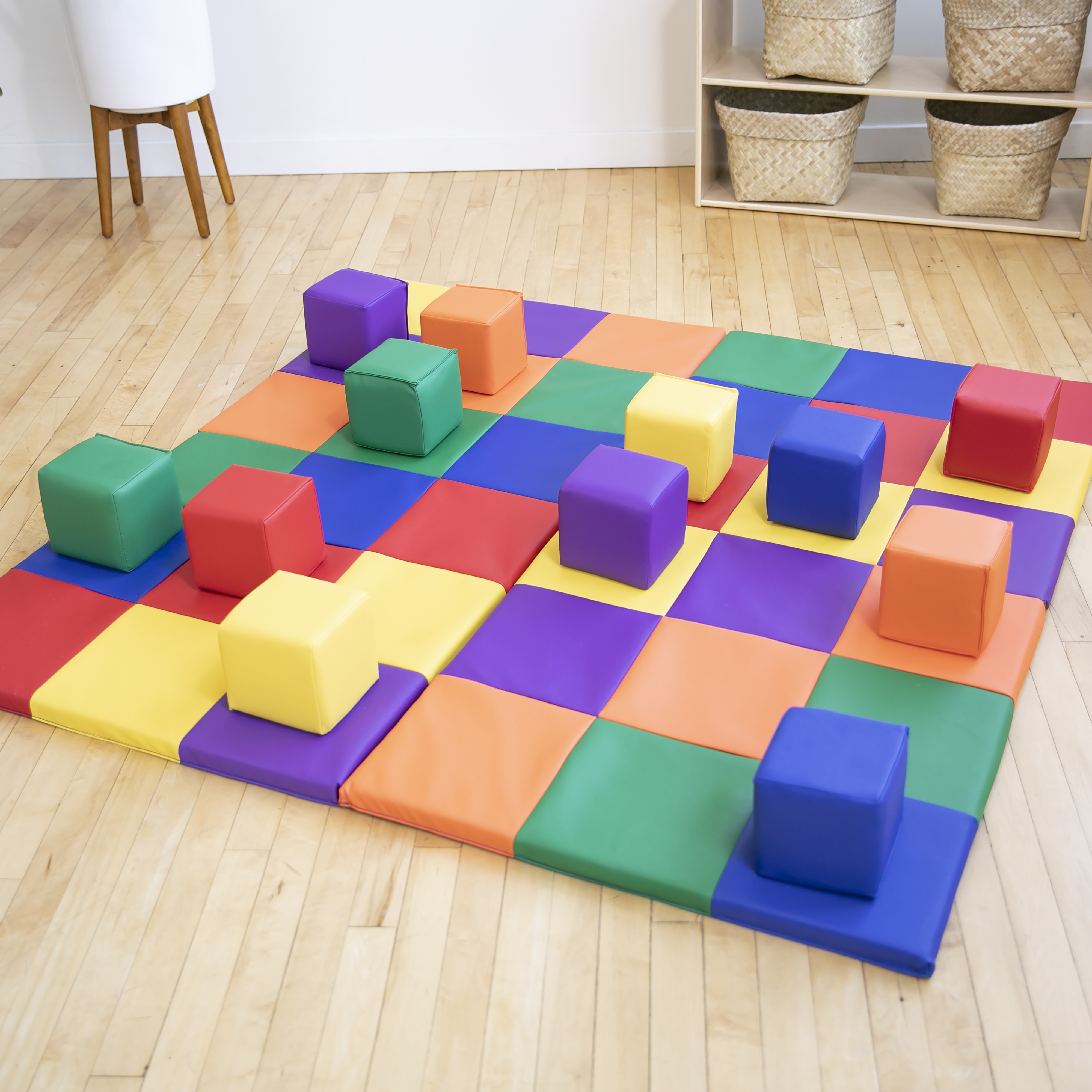 ECR4Kids SoftZone Patchwork Toddler Activity Mat and 12 Stacking Block Set
