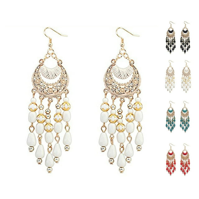 Bohemian Style Crescent Moon Shape Water Drop Long Water drop Dangle Tassel Pendant Earring Ear Stud