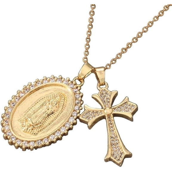 Virgin Mary And Cross Pendent Miraculous Medal Cubic Zirconia Gold PlatedNecklaces