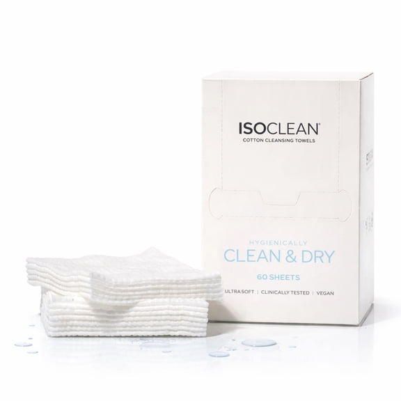 ISOCLEAN Face Towel - Box of 60 Make Up Remover Wipes, Disposable Towels Made with Soft Organic Cotton, Gentle On Sensitive Skin, Ideal for Facial Cleansing and Removing Cosmetic Residue