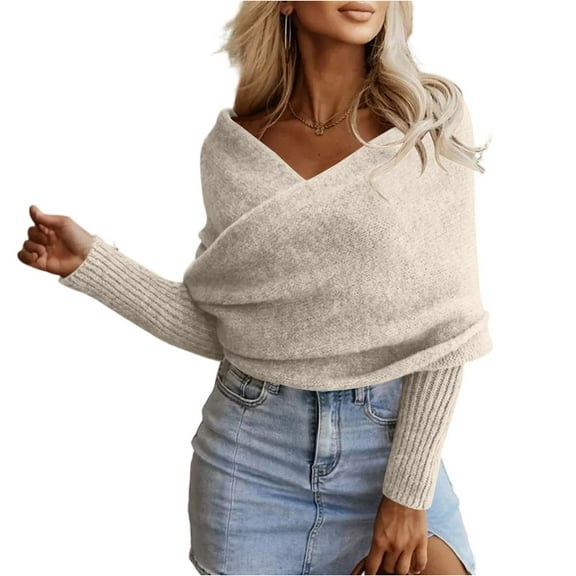dGslk Womens Off Shoulder Sweater Wrap Knit Pullover Long Sleeve Casual Loose Fit Top for Autumn Winter Layering Style Beige L