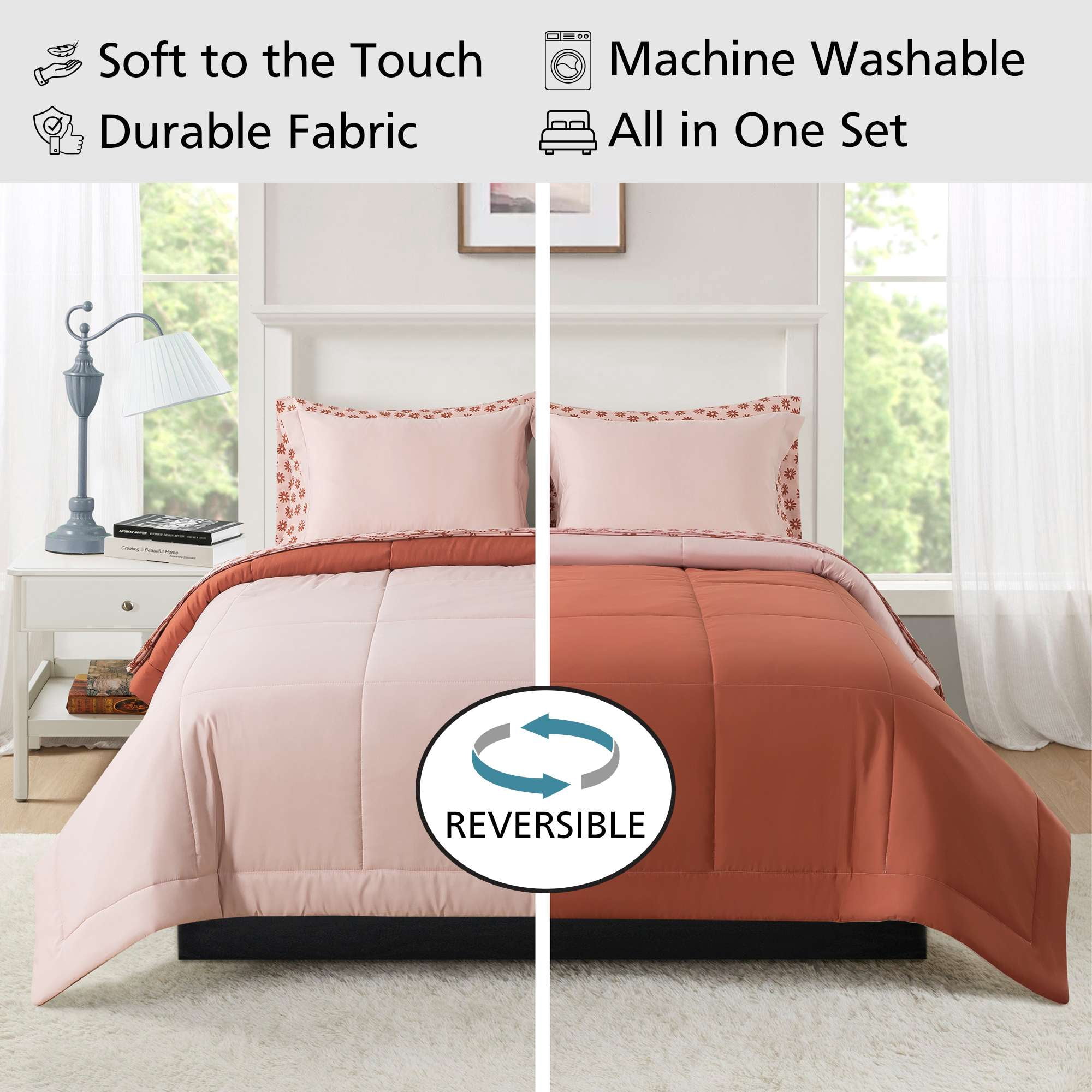 Mainstays All in One Reversible Comforter and Sheet Set, 7-Piece, Full, Pink Blush