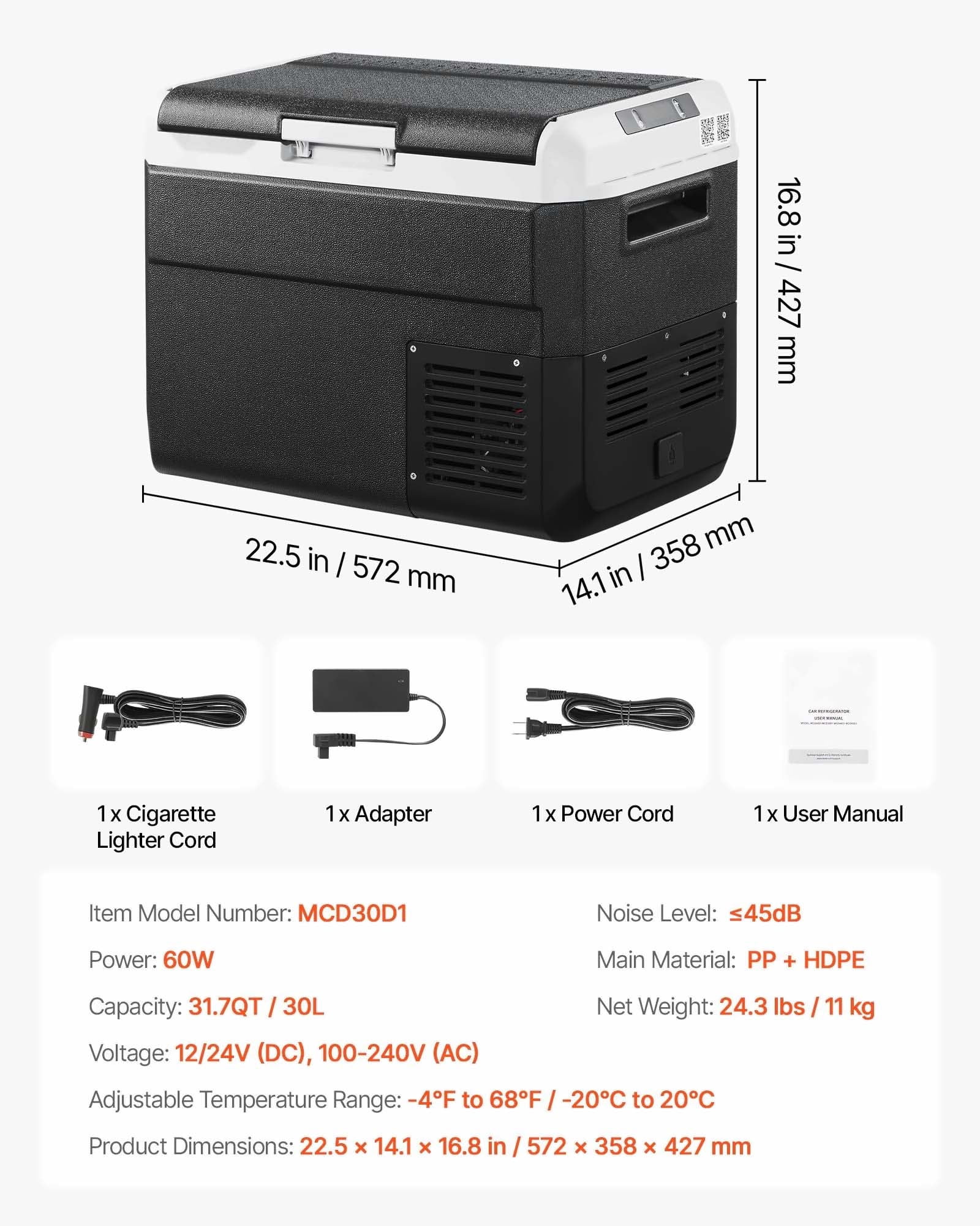 12 Volt Car Refrigerator 30L/31.7QT, Portable Electric Cooler -4 to 68°F, DC 12/24V & AC 100-240V Compressor Fridge for Camping, RV, Travel