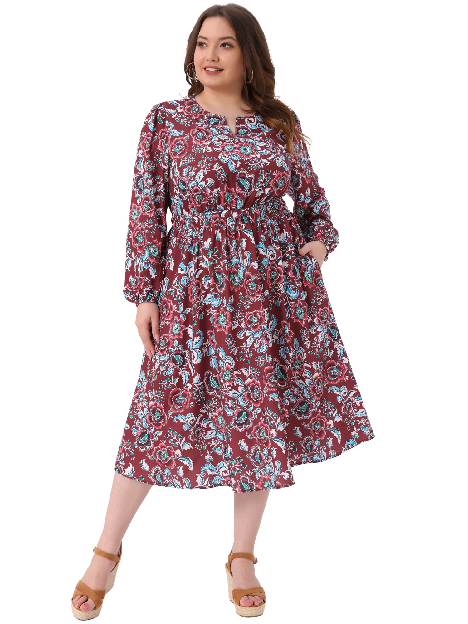 DARING DIVA Women's Plus Size Boho Floral Notch V Neck A Line Dress 1X Burgundy