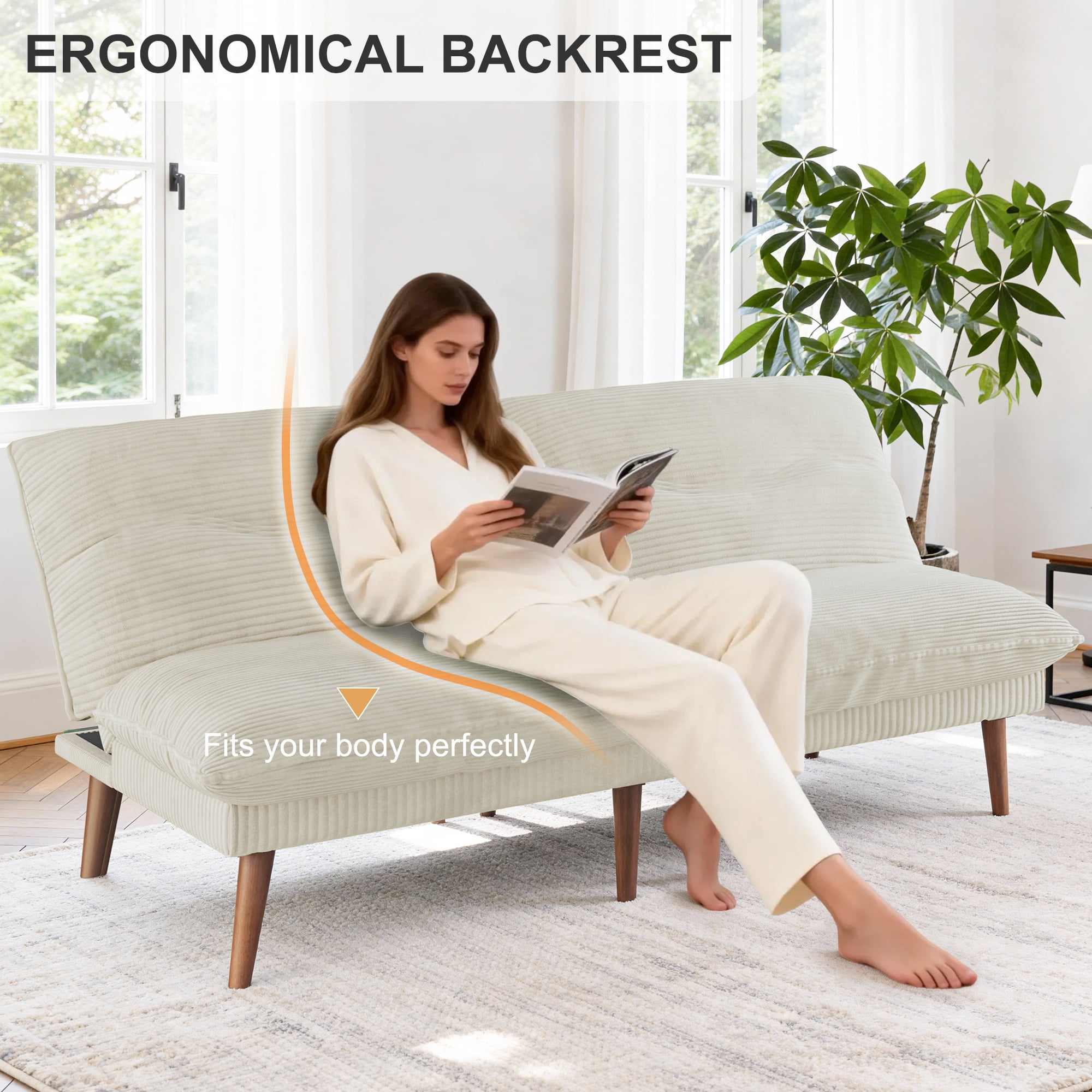 LLappuil 75" Futon Convertible Sofa Bed, Corduroy Loveseat Sleeper Sofa Couch for Living Room Beige