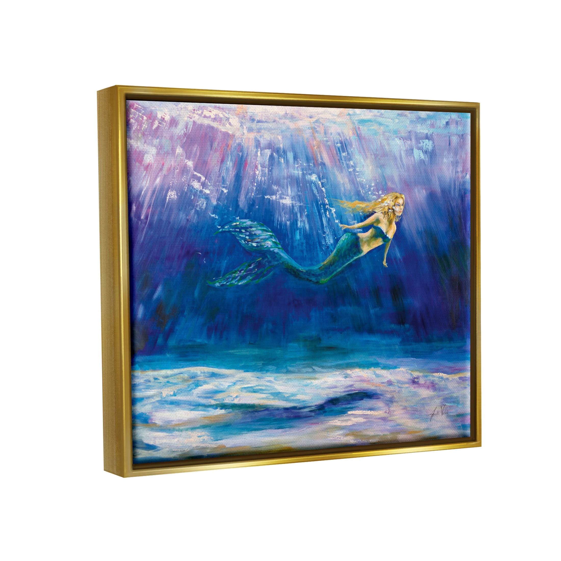 Stupell Industries Mermaid Swimming Deep Blue Ocean Water Painting Metallic Gold Floating Framed Canvas Print Wall Art, Design by Jeanette Vertentes