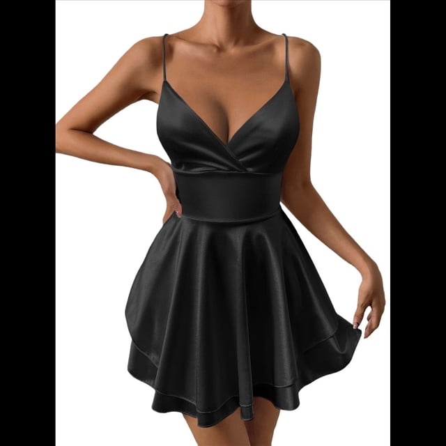 Vestido de Satén con Tirantes Finos para Mujer, Sin Mangas, Escote Bajo, Espalda Descubierta, Mono Corto de Fiesta, Minivestido Veraniego. Negro XS