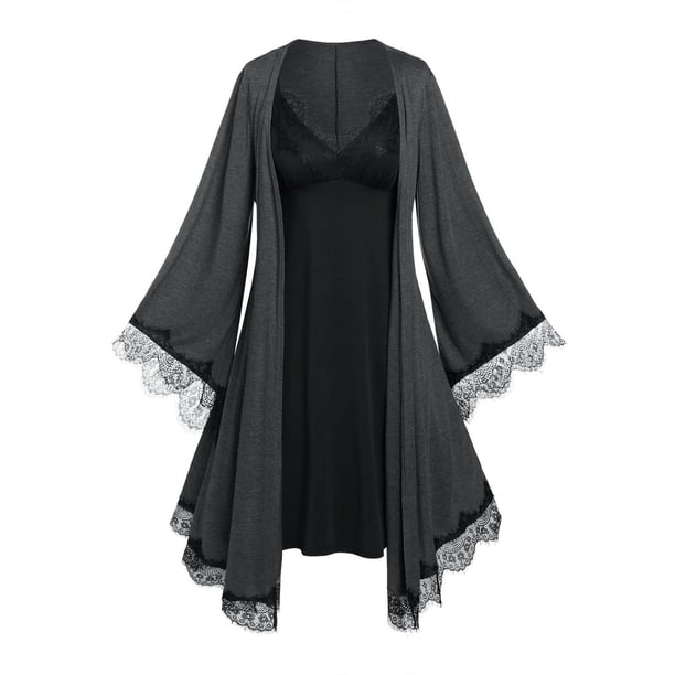 Vestido para Dormir Panel Encaje Manga Campana Tamaño Plus Rosegal Pijamas y Batas Tallas Grandes