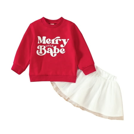 

Toddler Girls Outfit Xmas Baby Long Sleeve Letter Sweatshirt Tops Solid Tulle Dress Skirt Christmas Outfits Set 2Pcs