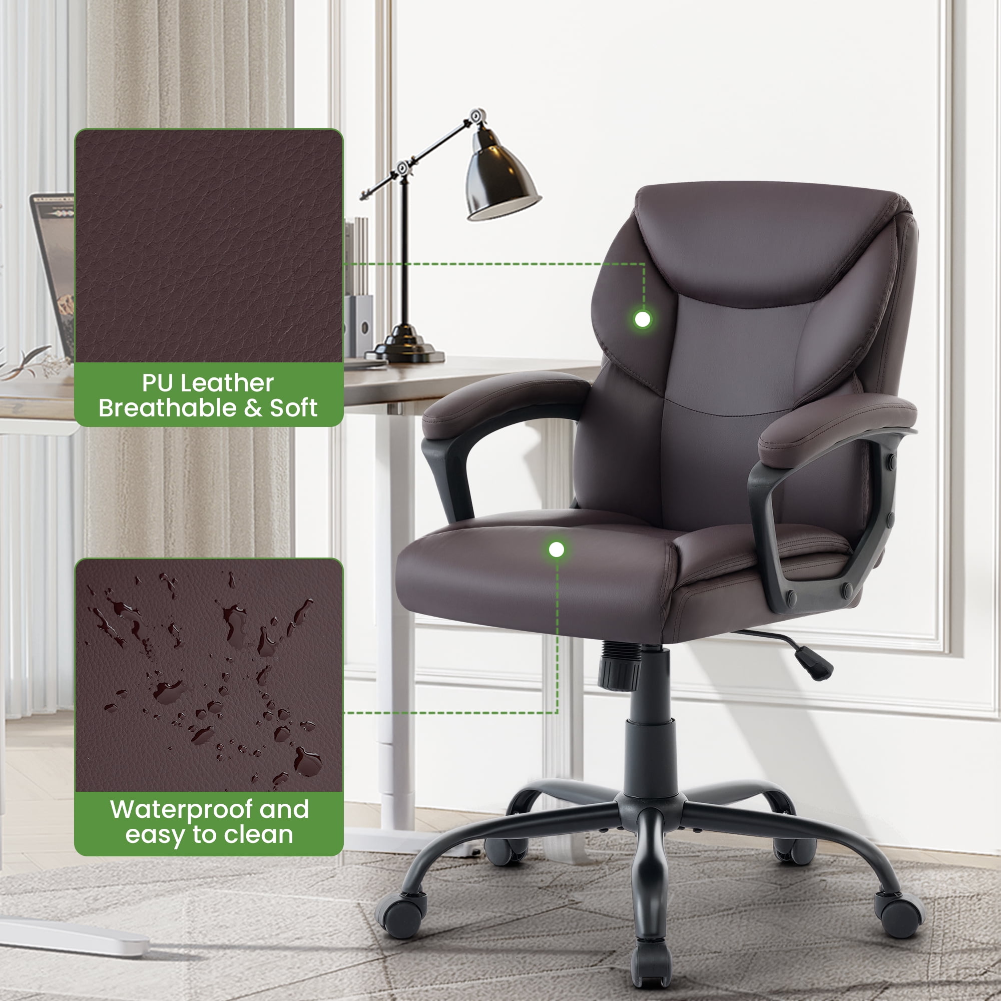 JONPONY Leather Office Chair, Big and Tall 400lbs Ergonomic Desk Chairs with Back Support, Executive Leather Chair with Wheels for Home Office, 360°Swivel Free, Brown
