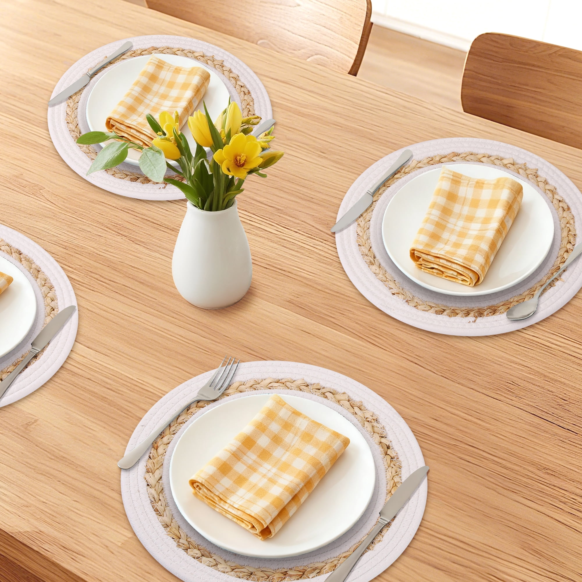 Unique Bargains 6pcs Farmhouse Woven Placemats White/Brown 11.8"x11.8"