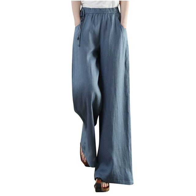 Yuyuzo Women's Cotton Linen Wide Leg Pants Drawstring Waist Solid Color Loose Trousers with Pockets