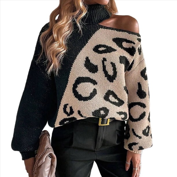 Suéter Informal de Punto con Cuello Alto, Hombros Descubiertos y Estampado de Leopardo para Mujer, Jersey Holgado de Larga, Tops Negro XL