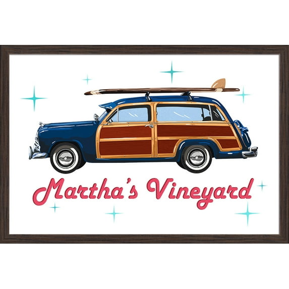 Martha's Vineyard, Massachusetts - Woody & Surfboard - Lantern Press Artwork (24x16 Giclee Art Print, Gallery Framed, Espresso Wood)