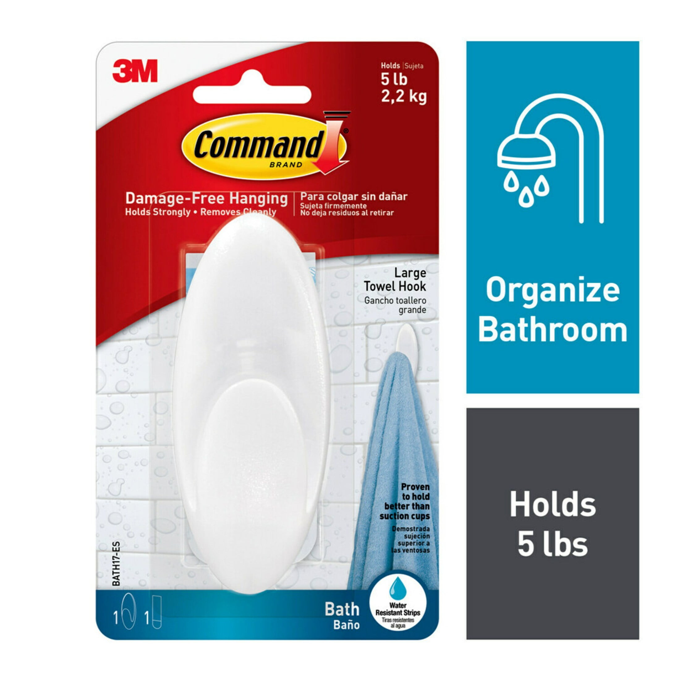 (3 pack) Command Towel Hook, Frosted, 1 Large Wall Hook, Holds 5 lbs, 1 Water Resistant Strip, Bathroom Organization