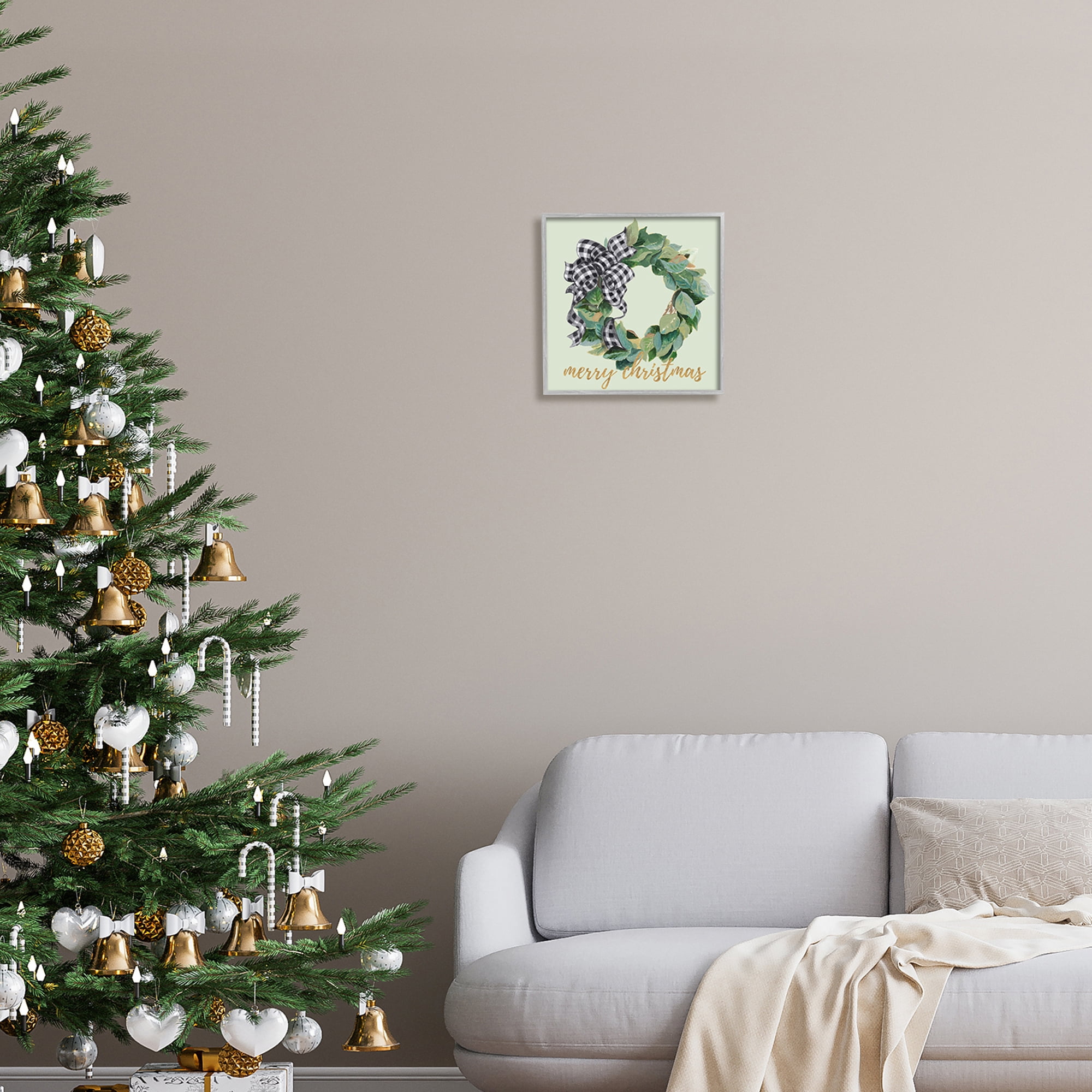 Stupell Industries Green Leaf Wreath Merry Christmas Phrase Plaid Bow, 12 x 12, Design by Patricia Pinto