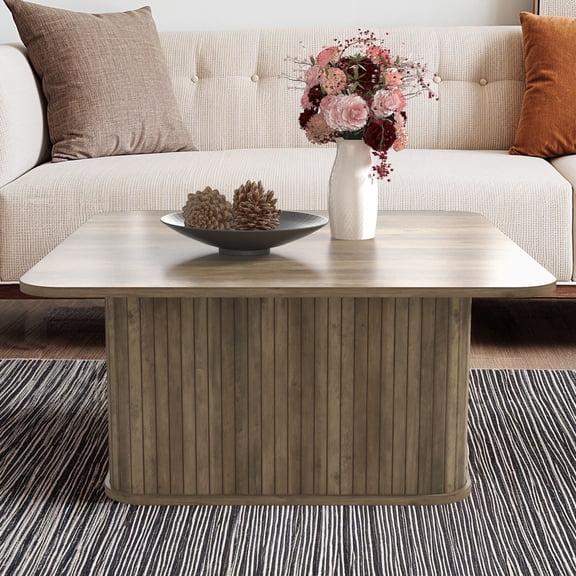 STYLIVIA Knotty Oak Fluted Square Coffee Table, 31.3" W x 31.3" D x 14.9" H, Modern Living Room