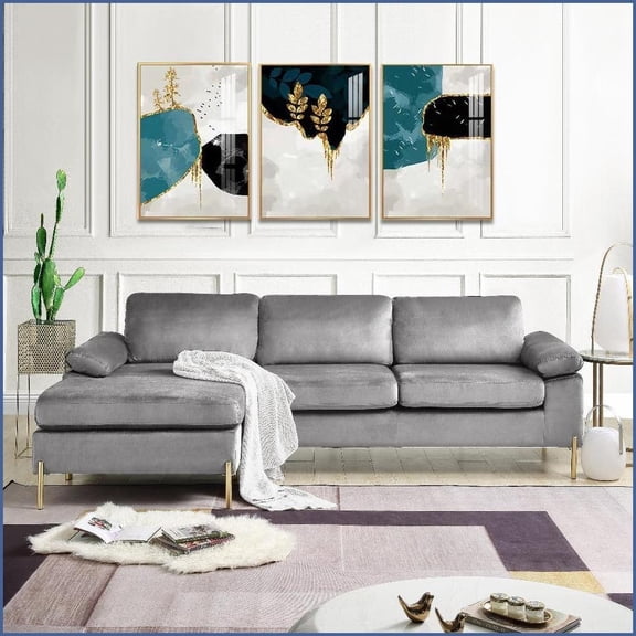 Shannon Mid-Century Modern Velvet Sectional Sofa with Chaise – L-Shaped Living Room Furniture | Pillow Top Arms | Velvet | Metal Legs