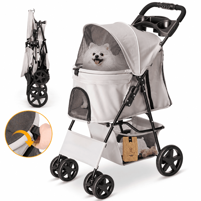 Naipo Pet Dog Stroller, Gray, One-Click Folding, Up to 35 lbs photo 1