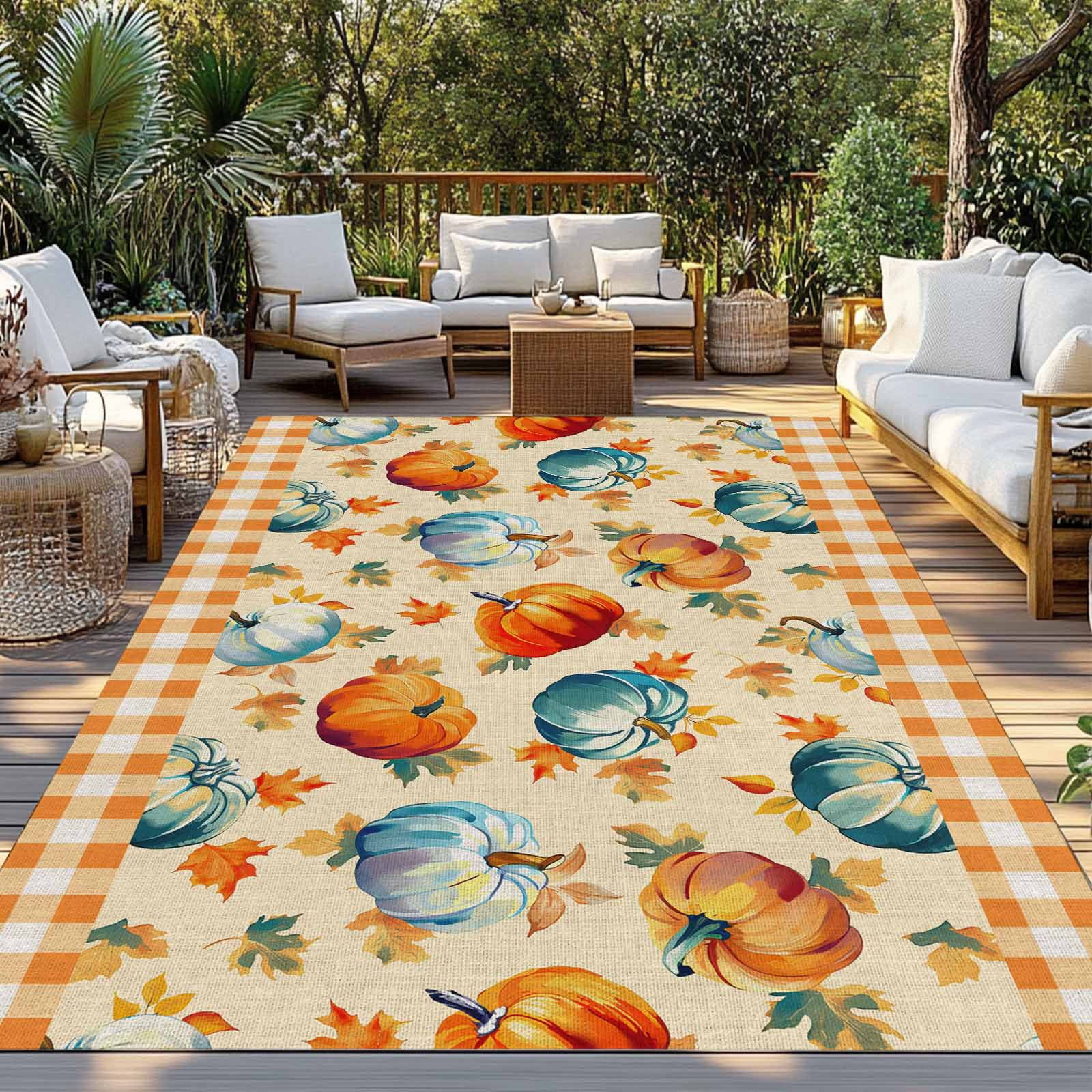 Fsddascl Fall Orange Blue Pumpkins Outdoor Rug for Patio/Deck/Porch, Non-Slip Large Area Rug 5 x 8 Ft, Orange Plaid Thanksgiving Indoor Outdoor Rugs Washable Area Rugs, Reversible Camping Rug Carpet