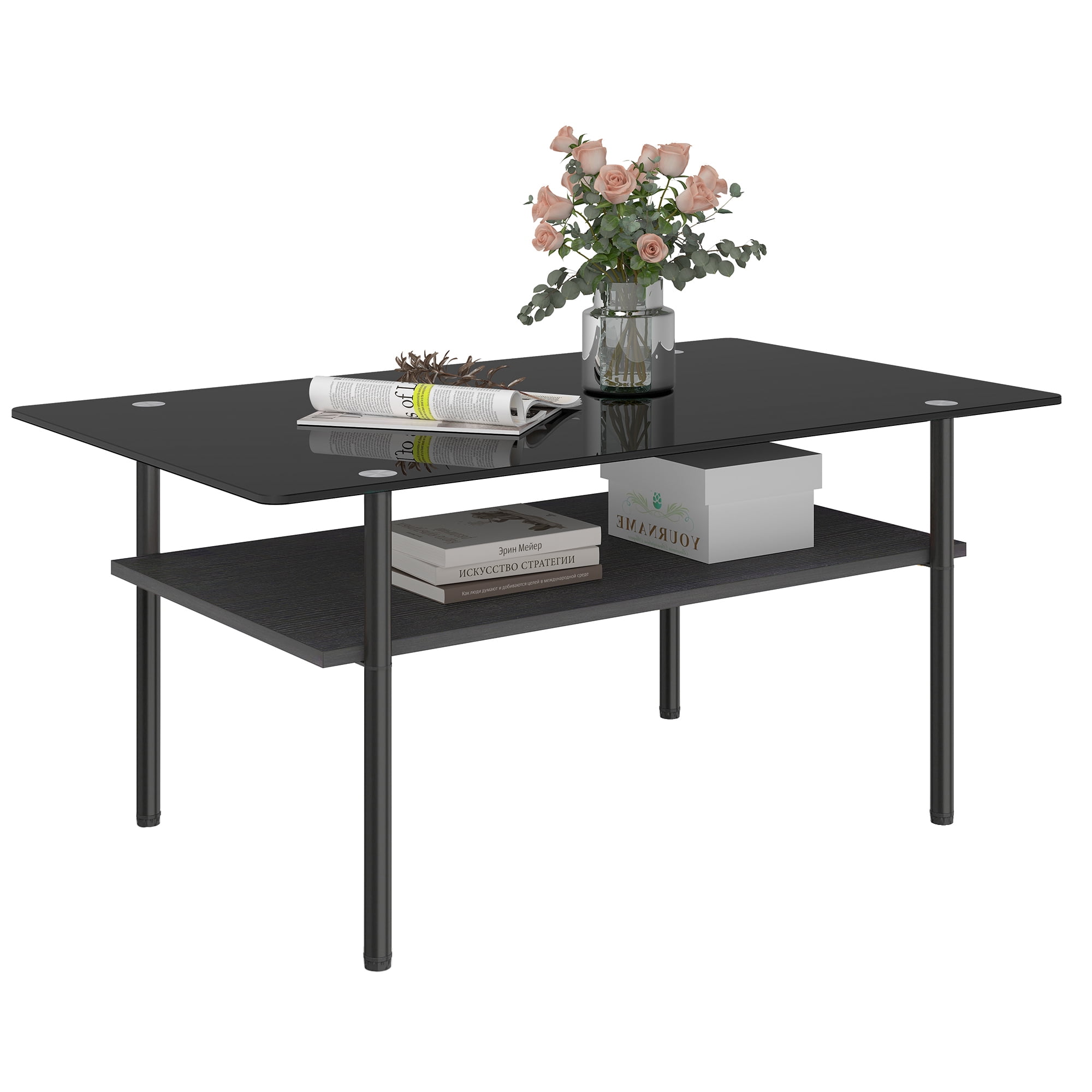Modern Rectangular Glass Coffee Table with Tempered Glass Top and Wood Shelf, 38.6-Inch Center Table for Living Room, Black
