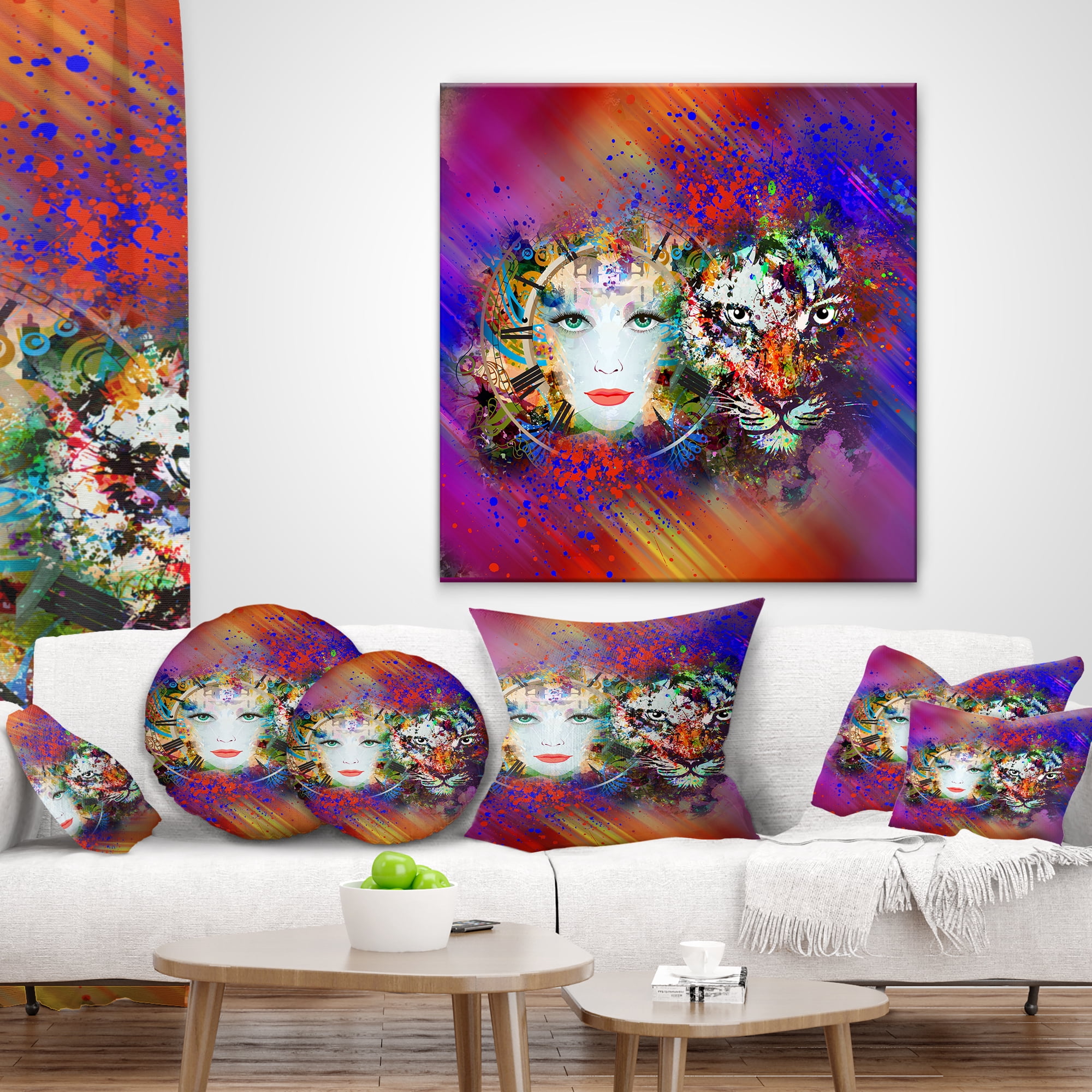 Designart Colorful Tiger and Woman Face - Abstract Throw Pillow - 16x16