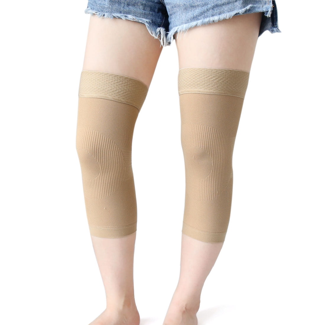 1 Pair Size XXL Skin Color Warm Stretchy Knee Support Compression Sleeves Protector Wrap Brace Silicone Pads Band