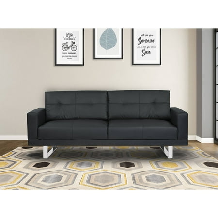 Armen Living Lincoln Mid Century Futon Sofa Bed In Black Tufted Faux Armen Living Lincoln Mid Century Futon Sofa Bed In Black Tufted Faux Leather With Chrome