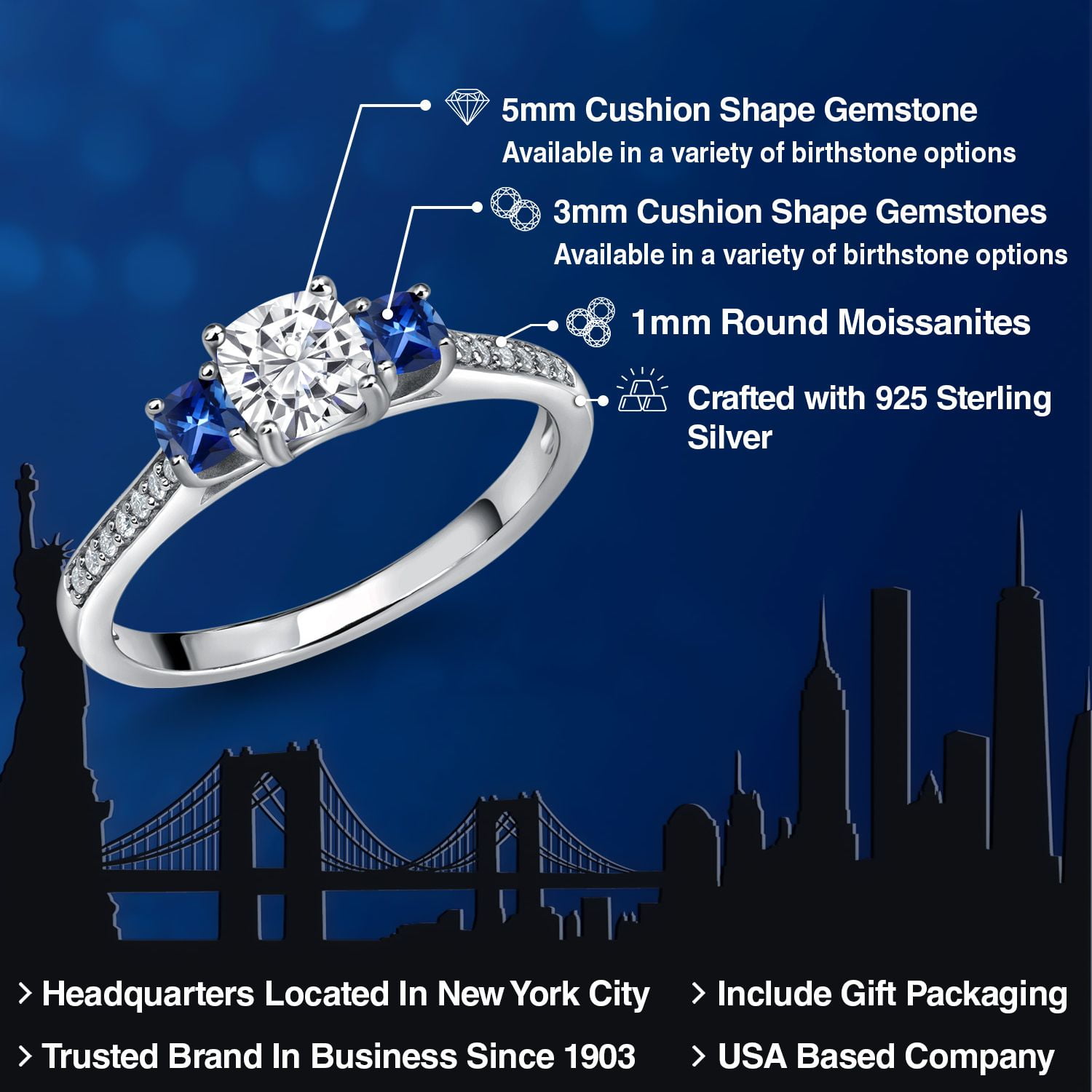 Gem Stone King White Moissanite and Blue Created Sapphire 3-Stone Engagement Ring for Women | 925 Silver | 0.96 Cttw | 3MM and 5MM Cushion | Three Stone Wedding Anniversary Ring for Women | Size 7