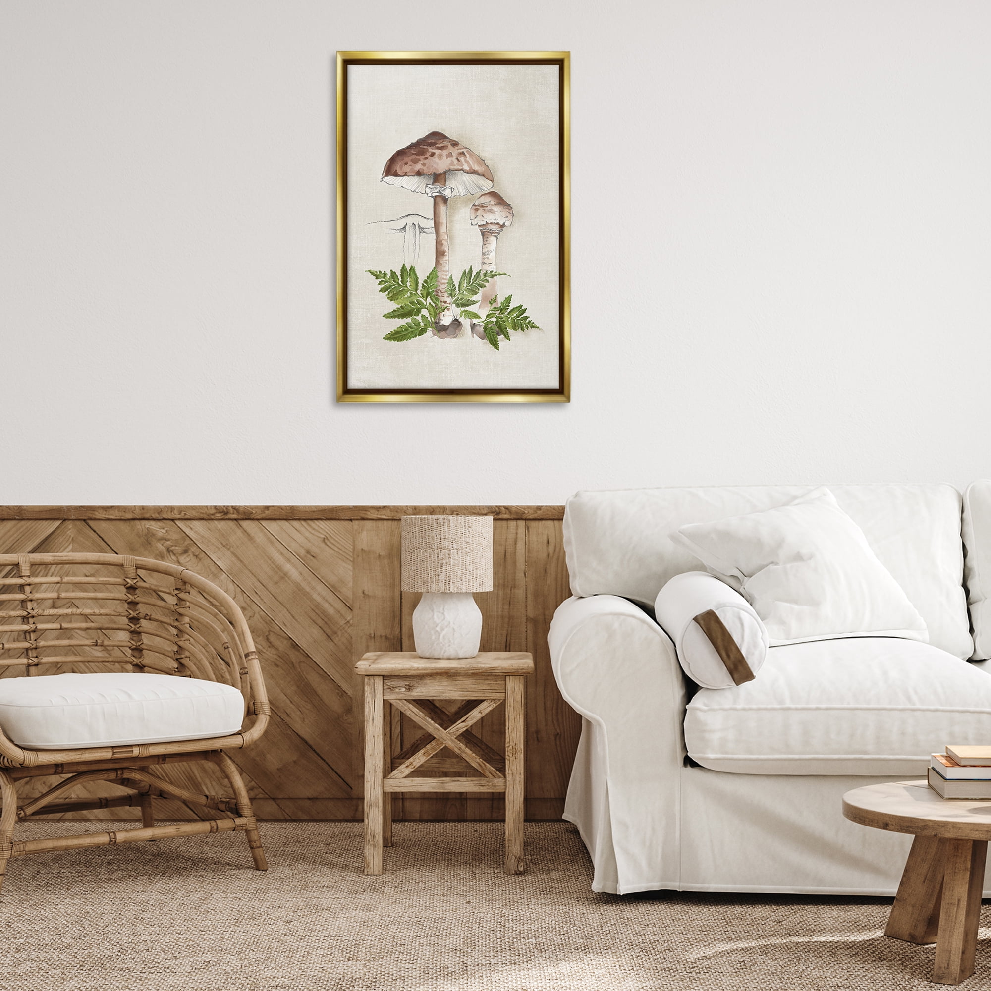 Stupell Industries Mushroom & Ferns Sketch Plants & Flowers Painting Gold Floater Framed Canvas Art Print Wall Art, 21 x 31