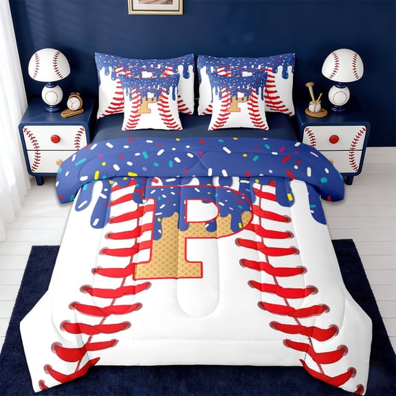Erosebridal Boys Ball Games 7-Piece Twin Bedding Sets,Ice Cream Baseball P Alphabet Bedding Comforter Set For Kids Teens,Reversible navy blue
