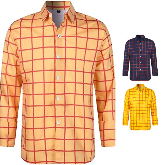 HCYSFG Mens Plaid Shirt Windowpane Print Button Front Notch Neck Long Sleeve Relaxed Fit Casual Top Everyday Dress Shirt
