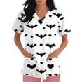 thumbnail image 4 of WTOBBY Women's Fashion Short Sleeve Halloween Printed V-Neck Top with Pocket Detail, Workwear Style for Caregiver Uniforms and Nursing Apparel, Shirt Perfect for Seasonal Costume Events,White 5XL, 4 of 5