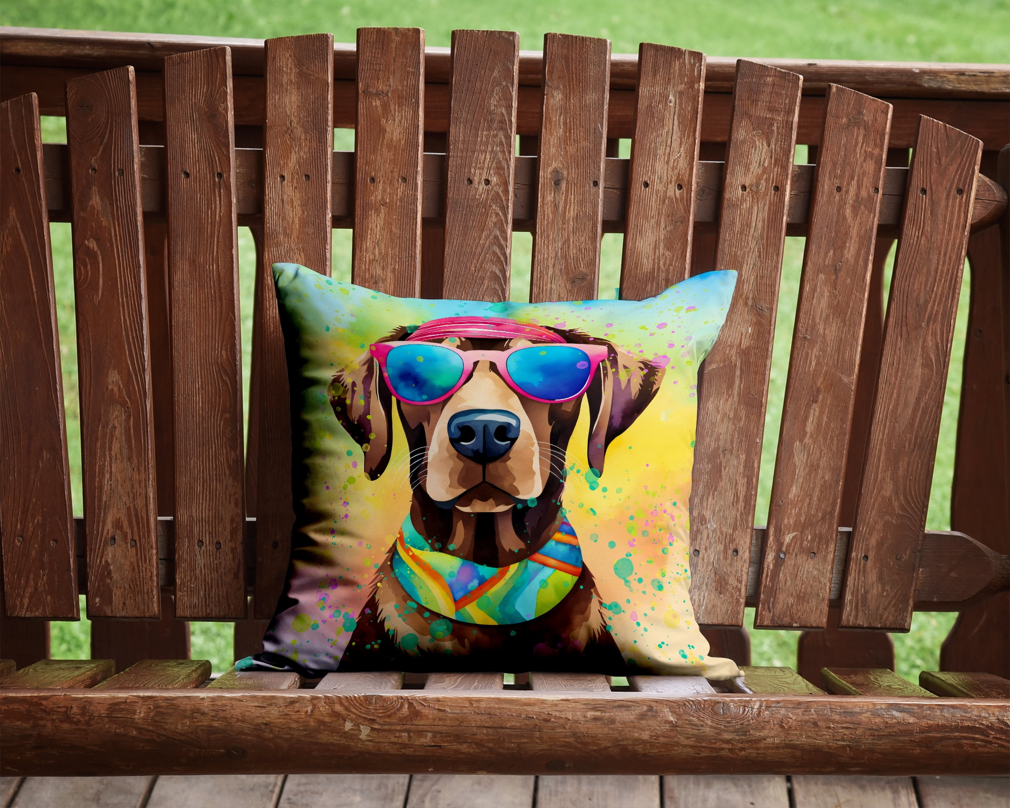 Chocolate Labrador Hippie Dawg Fabric Decorative Pillow 14 in x 14 in