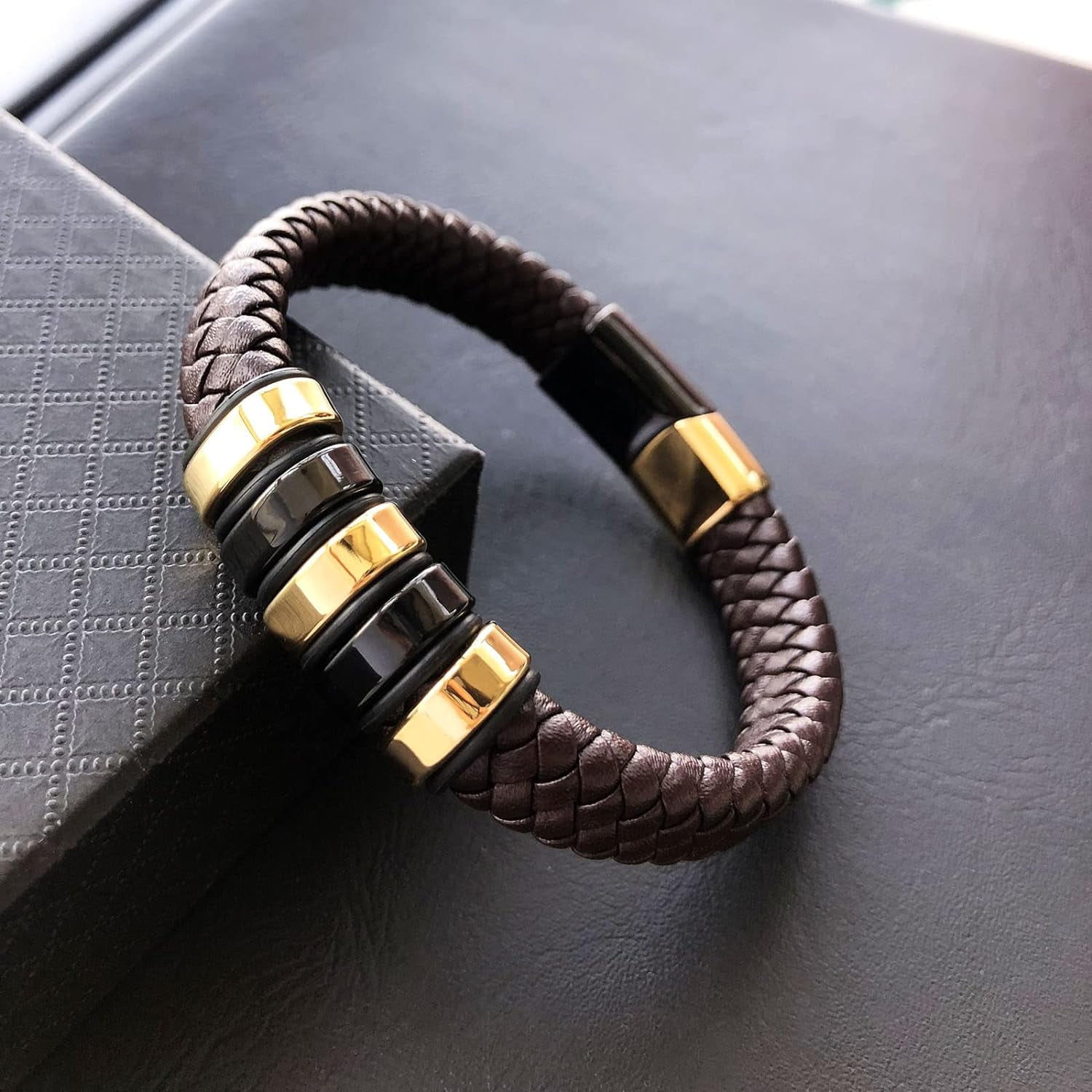 Leather Bracelet for Men Braided Cuff Wristband Stainless Steel Clasp in Silver and Gold Jewellery Gift