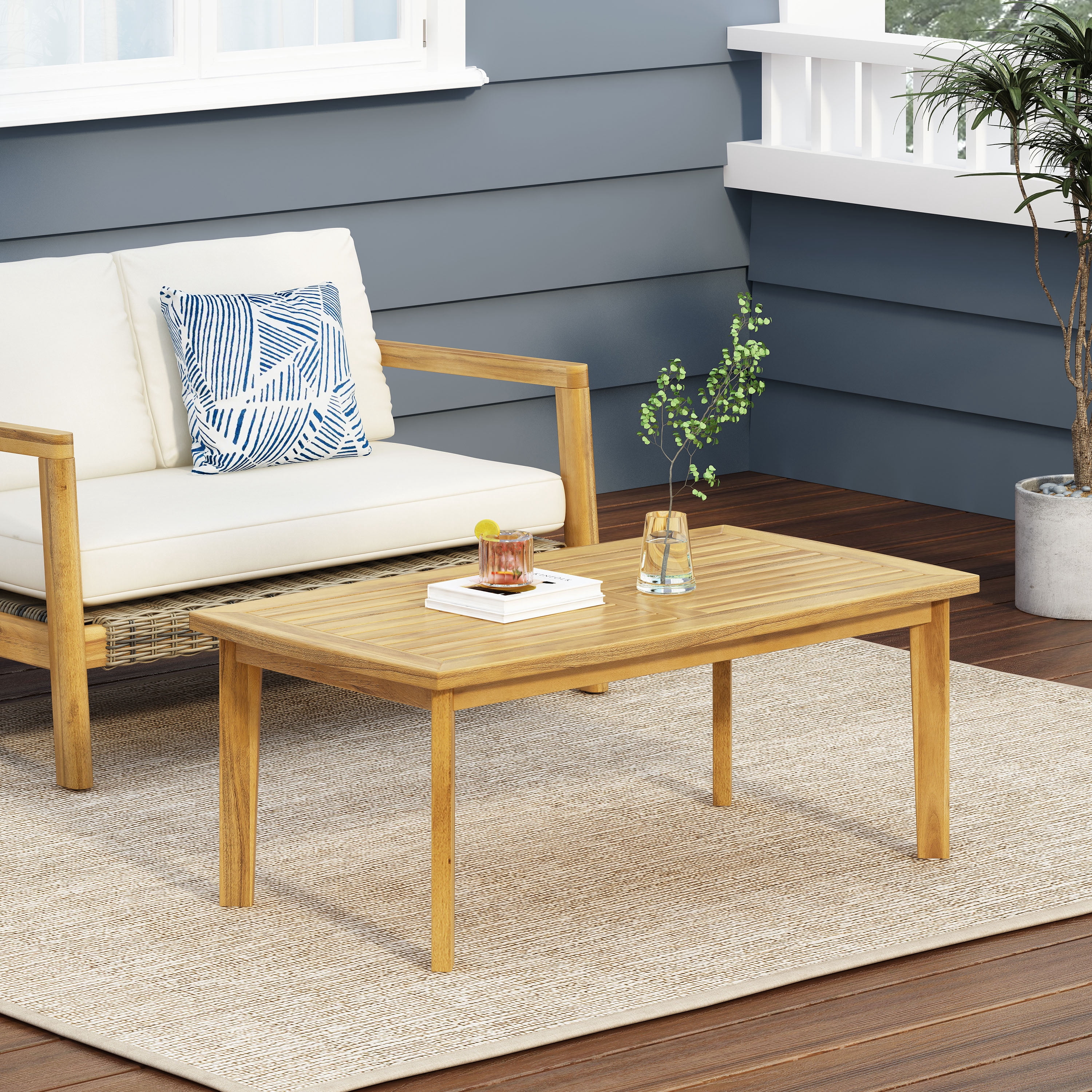 43.25-Inch Outdoor Acacia Wood Rectangular Coffee Table with Slatted Top and Tapered Legs, Patio Table for Backyard, Brown