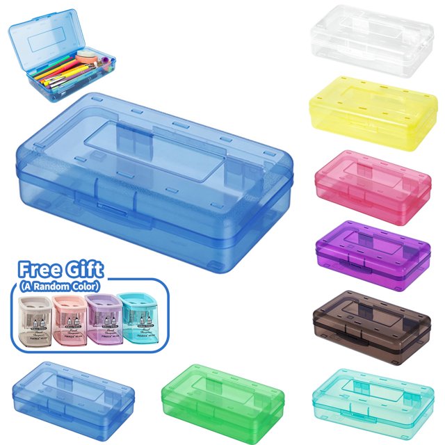 Shkhoas Plastic Pencil Box Large Capacity Pencil Boxes Clear Boxes with Snap-tight Lid Stackable Design and Stylish Office Supplies Storage Organizer Box,With Free Random Pencil sharpeners,Blue