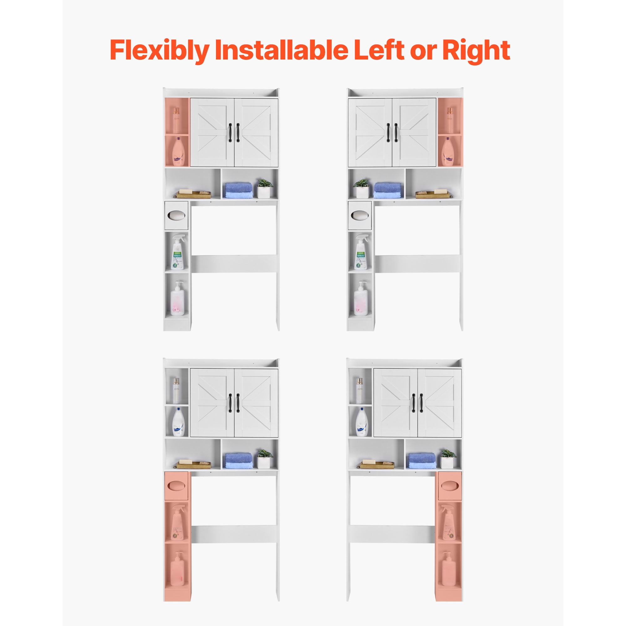 KFFKFF Over-The-Toilet Storage Cabinet, 66.14-Inch Tall Bathroom Organizer with Adjustable Shelf and Double Doors, Space-Saving Bathroom Storage Unit with Open Shelf, White