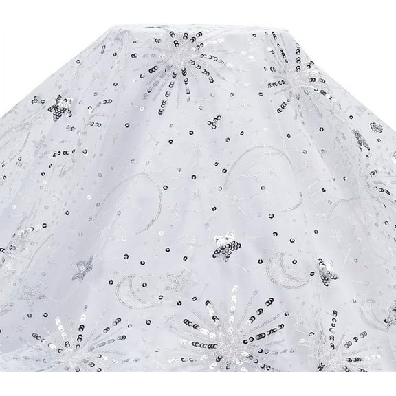 2 Yards×61.4 Inch White Stars Moon Sequins Lace Fabric Sparkly Embroidery Fabric Glitter Star Moon Sequin Tulle Net for DIY Sewing Clothing Wedding Stage Decor Tutu Skirts for diy