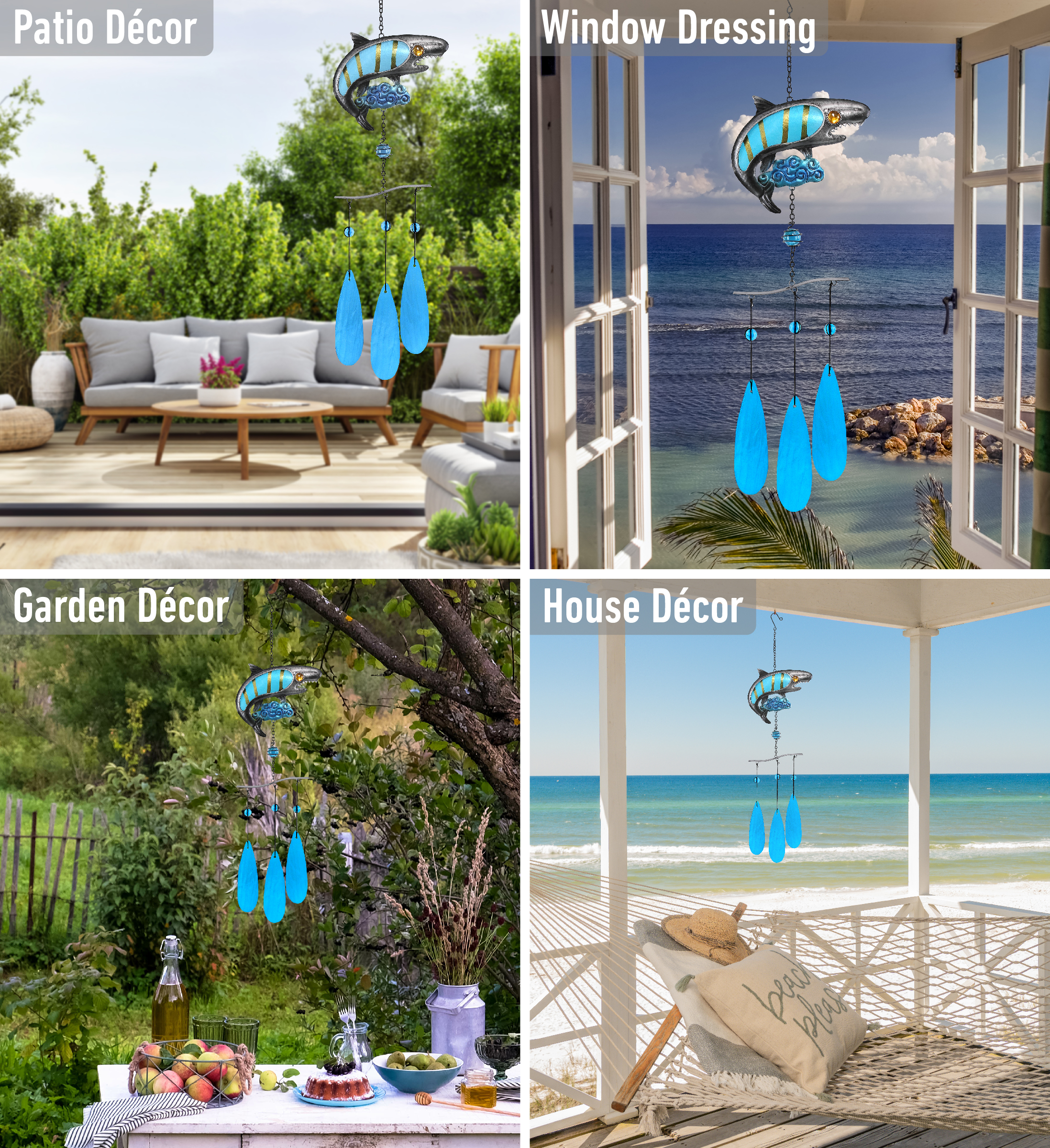 CoTa Global Shark Wind Chime - Handmade Glass and Metal Chime - Ocean Life Hanging Decor - Colorful Home Decor Gift, Indoor and Outdoor Hanging Decoration for Porch, Patio, and Garden - 27 Inches