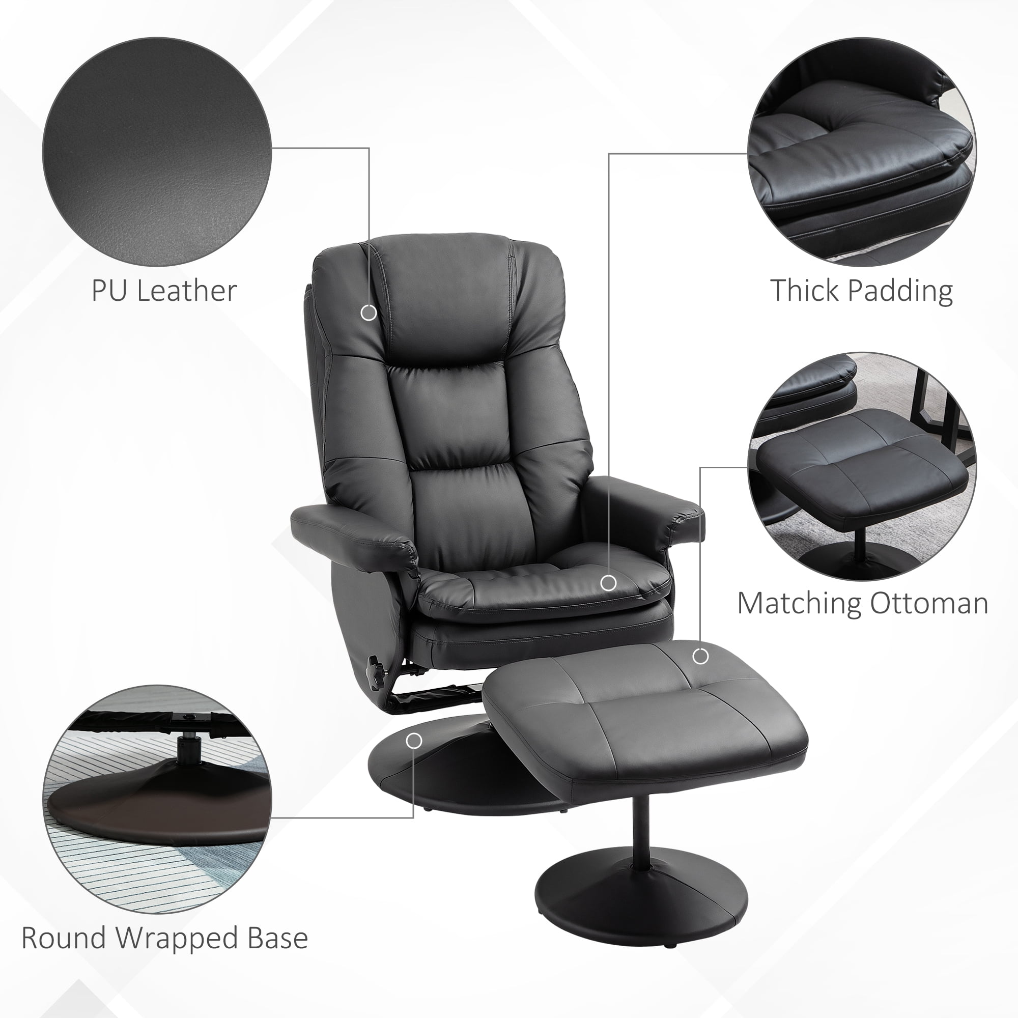 Massage Office Chair with Ottoman, PU Leather Recliner, 135° Recline, Black