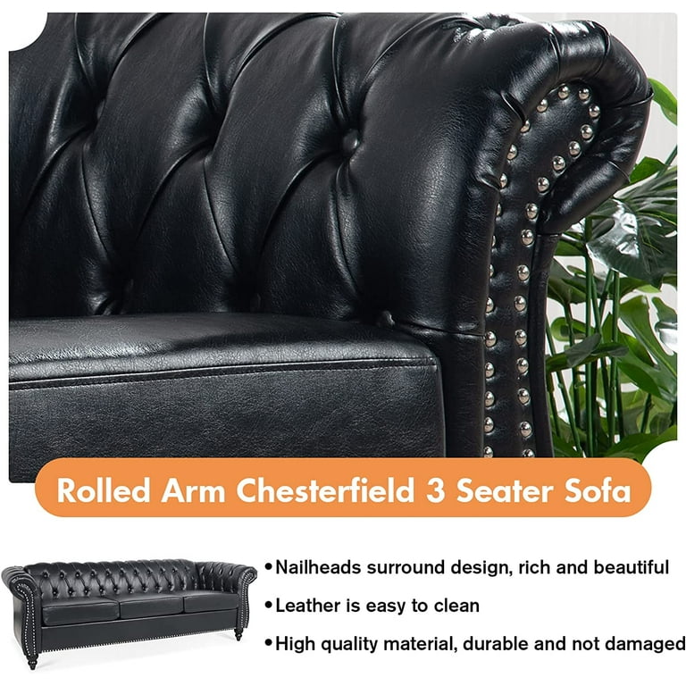 Chesterfield Sofas for Living Room, Rolled Arm 3-Seater Leather 84