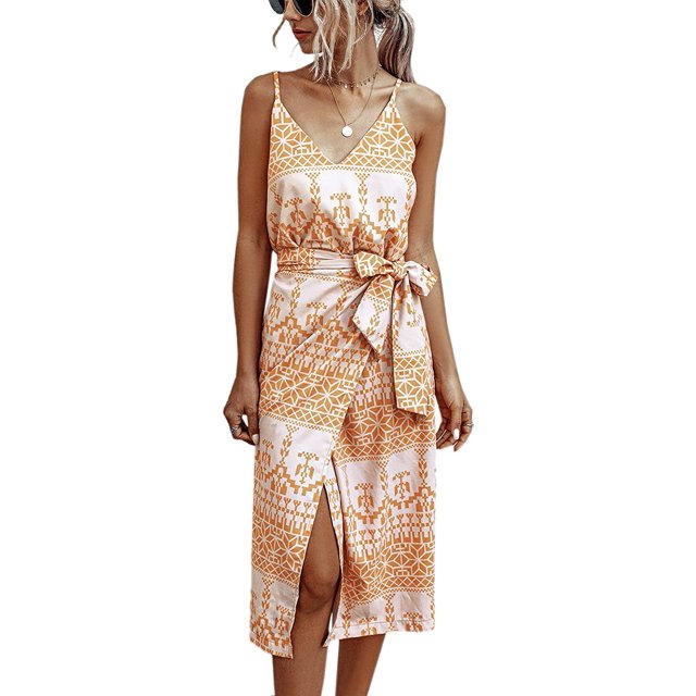 Robes pour Femmes - Sexy Col en V Bretelles Spaghetti Imprimé Floral Léopard Fendu Robe Tulipe Midi avec Ceinture