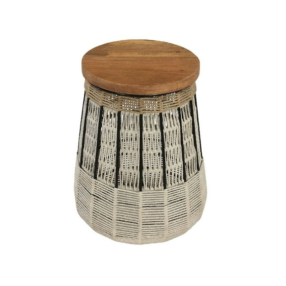 Farmhouse Style Woven Rope And Wood Top Round End Table | Handmade 30" Tall Side Table | Patio Outdoor Accent Table | Coastal Beach House