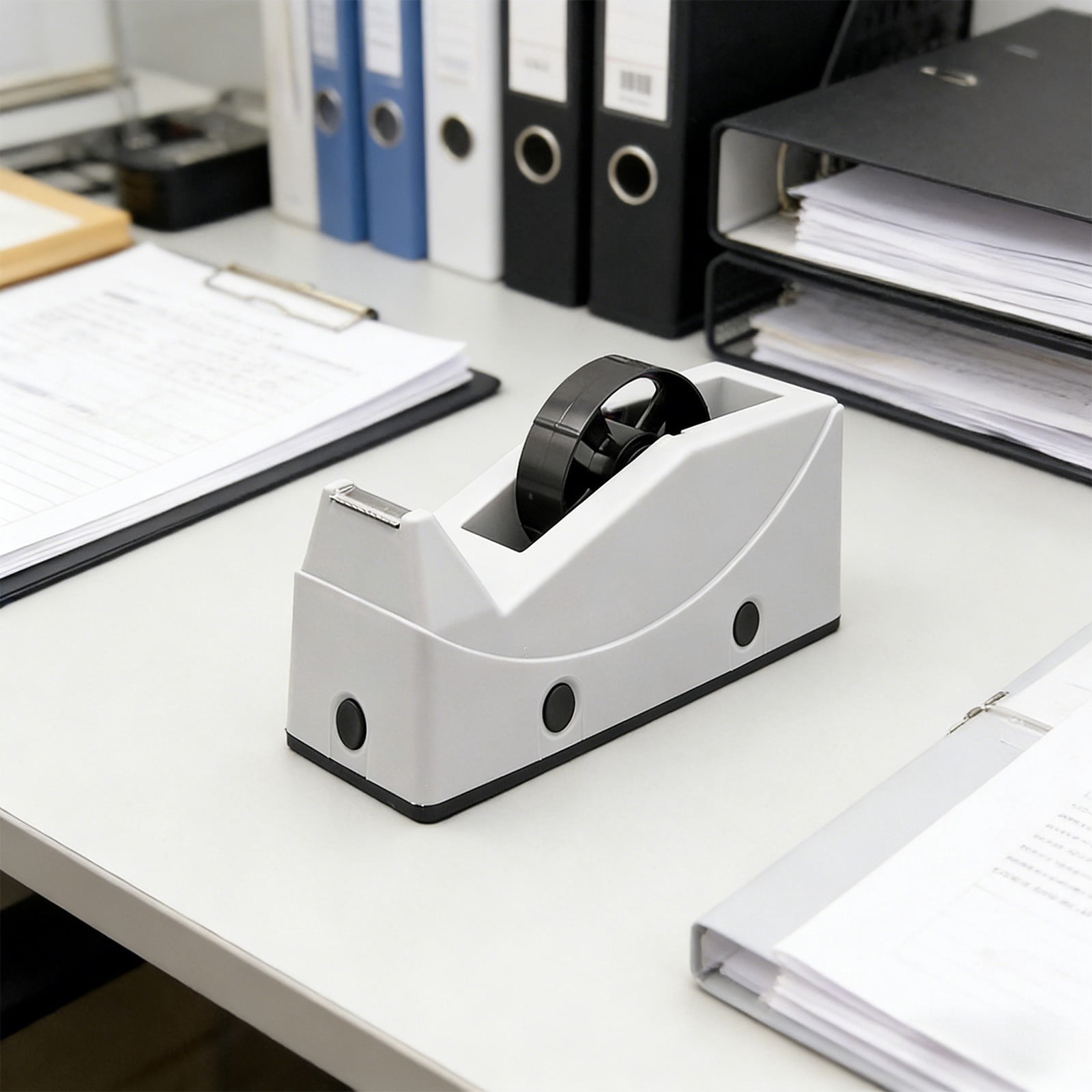 Desktop Tape Dispenser with Anti-Skid Base and Smooth Roller for 1-Inch Adhesive Tape, Easy Cut and Replace, Gray Plastic Office Supply