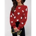 thumbnail image 6 of Women'S Fall Winter Mock Neck Long Sleeve Cute Heart Pattern Loose Knit Pullover Sweaters Red M, 6 of 7