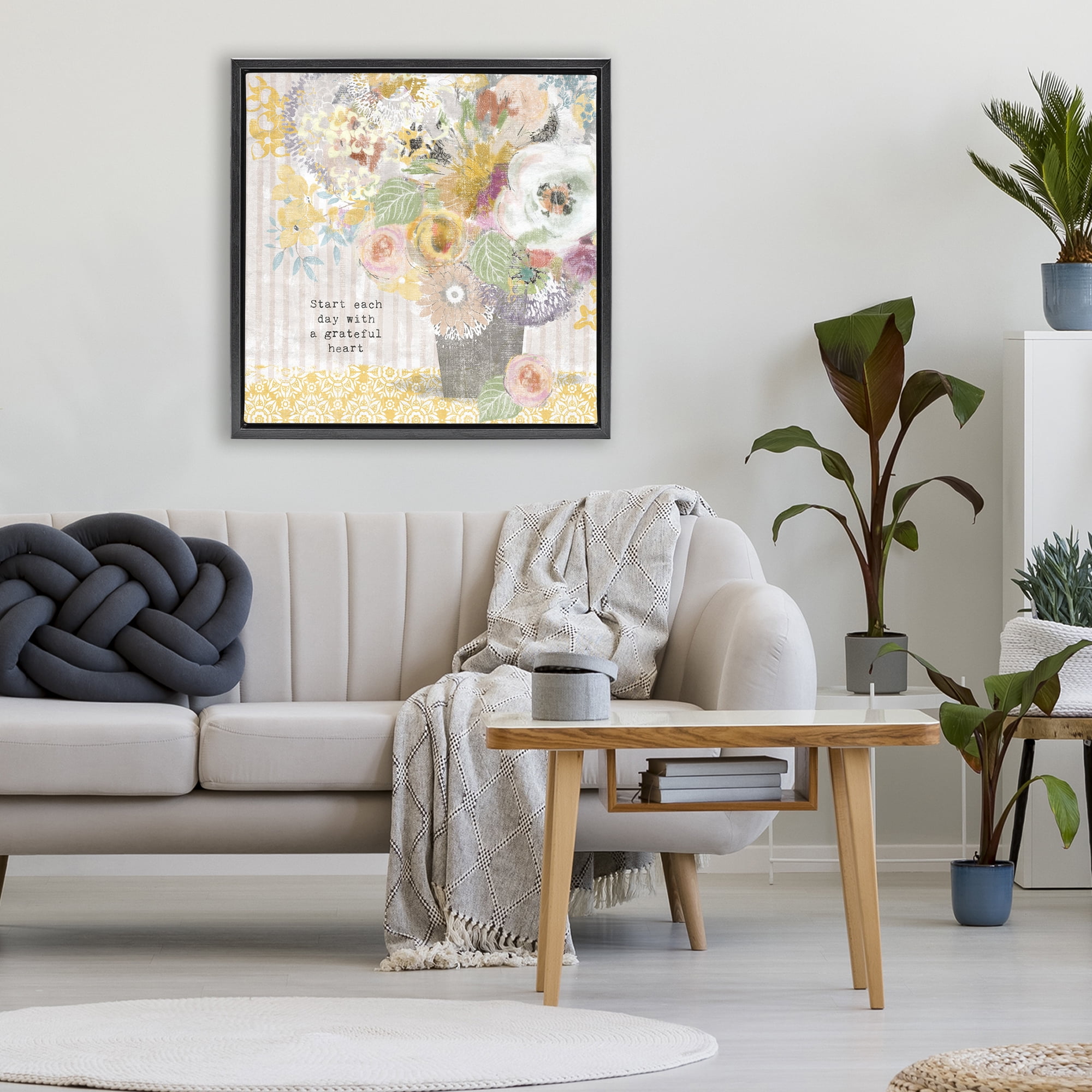 Stupell Industries Floral Inspirations Grateful Heart Black Framed Floater Canvas Wall Art, design by Suzanne Nicoll