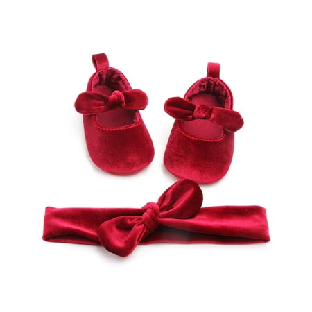 

Baby Girls 2 Pieces Shoes with Bow-Knot Headband Soft Sole Cloth Princess of Non-Slip Flat Shoes