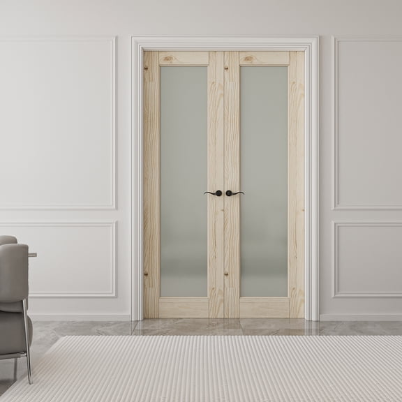 48" x 80" 1-Lite Frosted Glass Primed French Doors White Pine Double Doors With Hardware / Handle for Bathroom