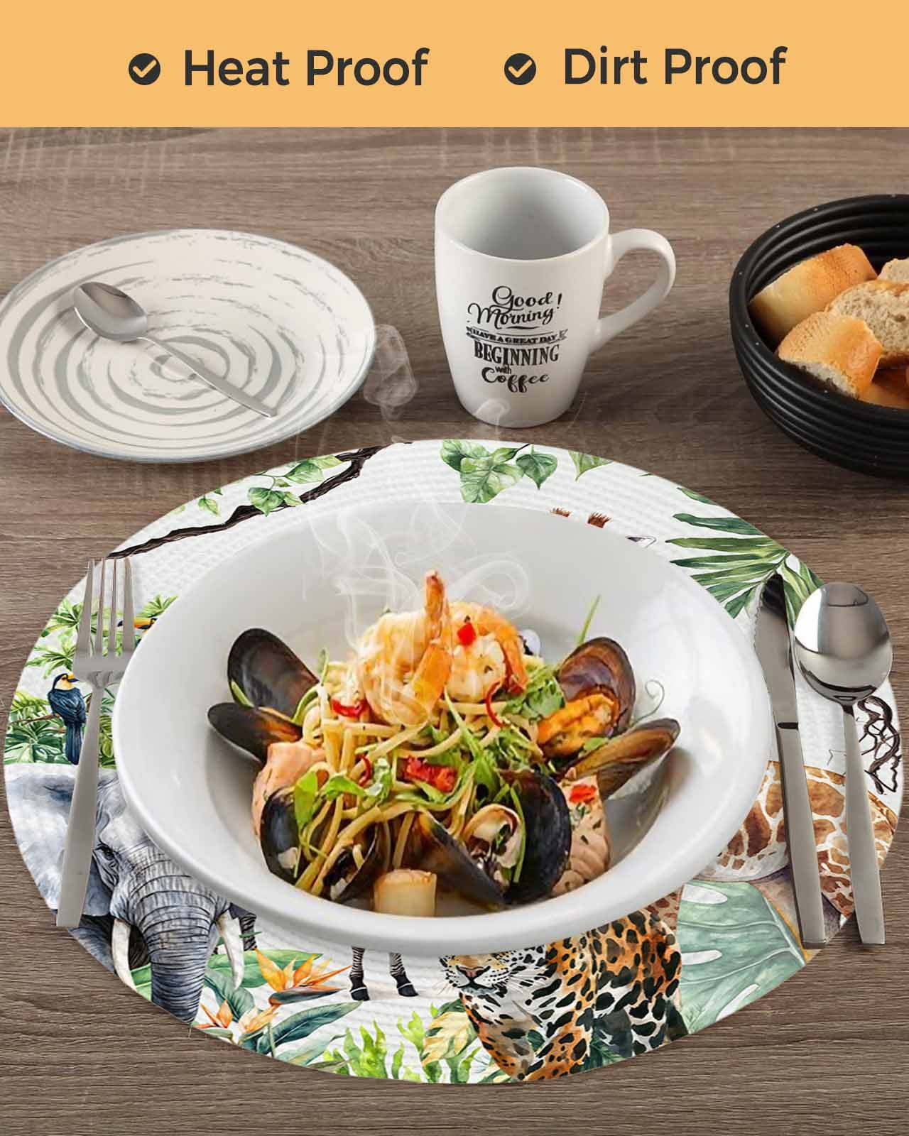 Tropical Animal Round Table Placemats set of 4, Giraffe Zebra Elephant Leopard Washable Woven Place Mats for Dining Tables Kitchen Party Decor,Heat Proof, 13in, Brown Green Gray